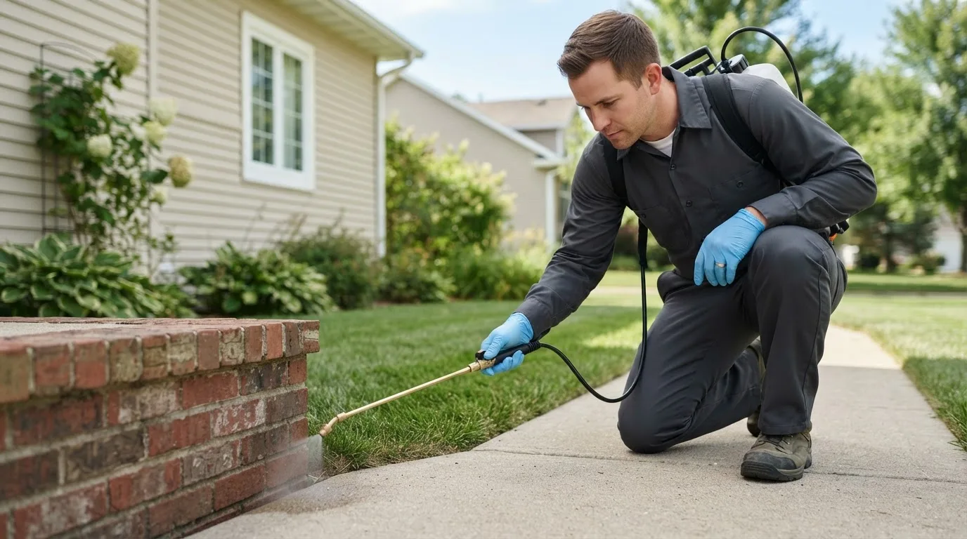 Pest control technician treating a home near North Fork, ID